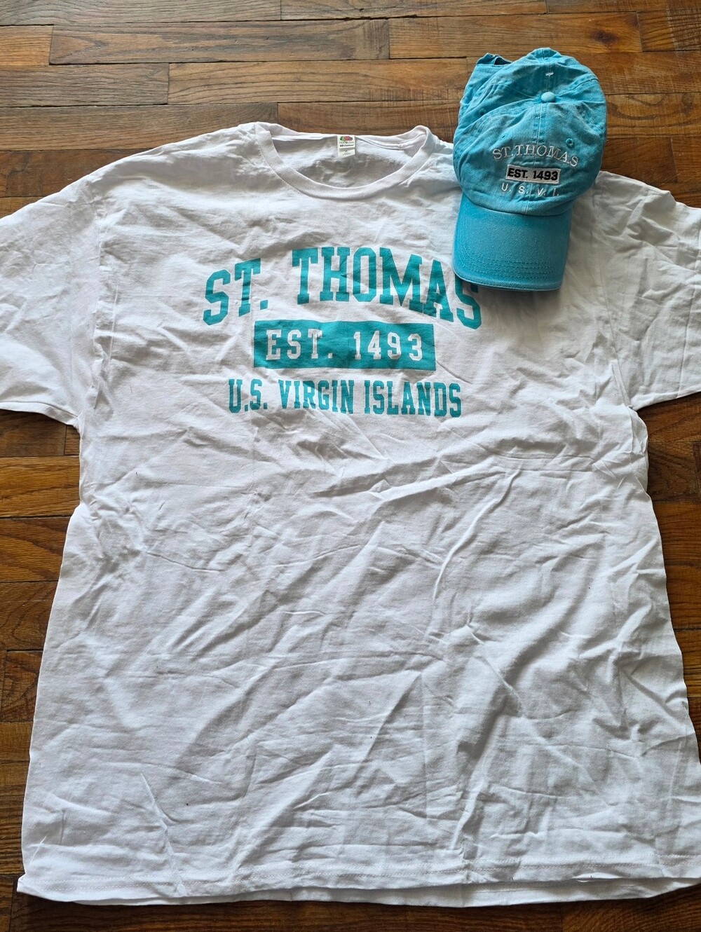 White Tee with Teal St. Thomas Print Souvenir Shirt With Matching Hat